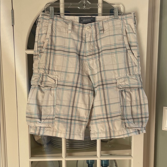 Griffith Other - Men's Plaid Cargo Shorts - Cream and Blue